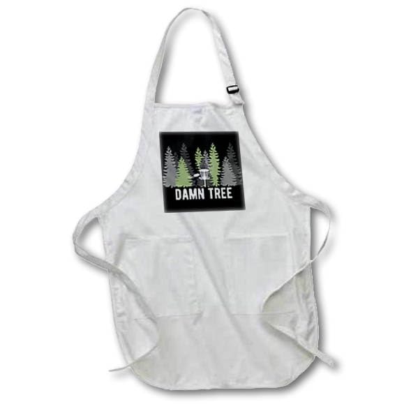 BLACK Full Length Apron with Pockets 22w x 30l - Damn Tree with disc golf basket in a row of pines on black background. Stamp City - typography - disc golf