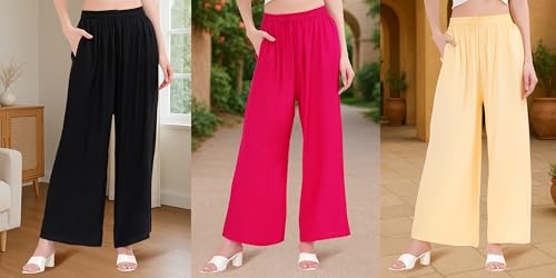 Image of Buy That Trendz Palazzo Pants for Women Rayon Elasticated Regular Fit Flared Wide Leg M to 6XL Pack of 3