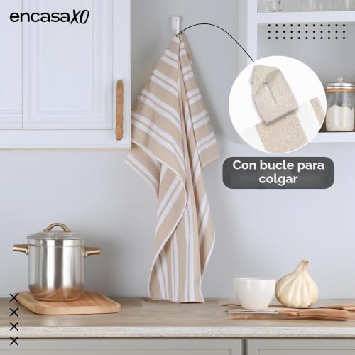 Miniatura 6 de Encasa Xo Paños De Cocina 28x18 In 70x45 Cm Juego De 4 Piezas Acabado Antibacteriano, Algodón Orgánico, Altamente Absorbente Para La Limpieza De Platos - Franca Franja De Beige