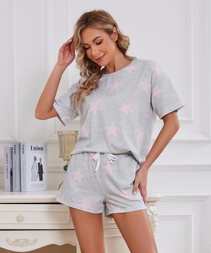 Image of Kabento Womens Pajama Sets Short Sleeve Sleepwear Soft Cotton Pj Lounge Outfits Sets with Pockets