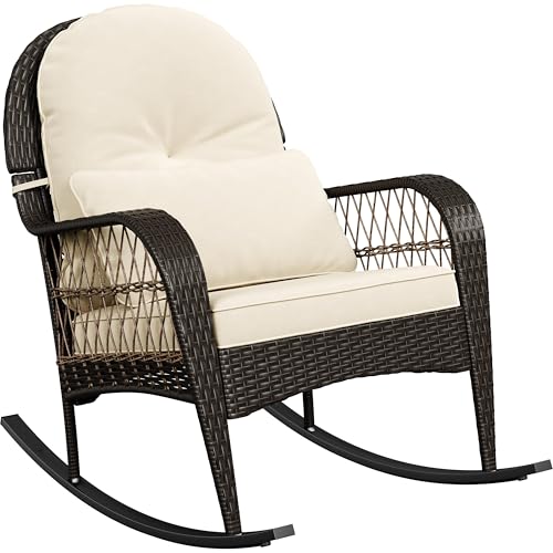 Yaheetech 1PC Outdoor Rocking Chair Garden Rattan Wicker Rocking Chair with Lumbar Pillow & Cushion All-Weather Hand-Woven Relaxing Rocker for Patio Poolside Porch Balcony Brown/Beige