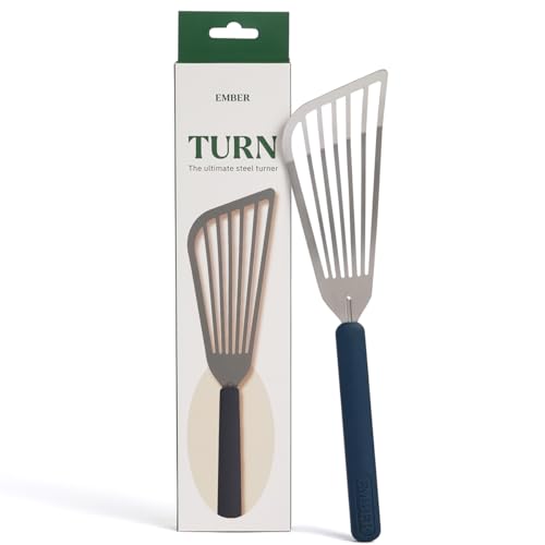 Image of Ember Cookware Stainless Steel Turner 31 cm | Oil Draining Design | Thin Slotted Steel Spatula for Precision Flipping | Flexible Head | Heat Resistant Silicone Handle | Blue