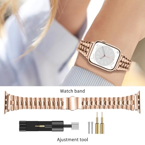 Thin Metal Band Compatible with Apple Watch Band 38mm 40mm 41mm 42mm 44mm 45mm 49mm, Dressy Stainless Steel Chain Strap, Slim Fancy iWatch Band with Case for Women Men