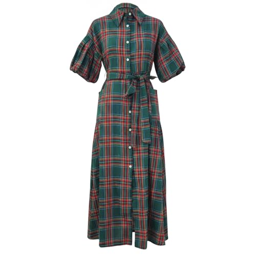 Women Fall Long Shirt Dress Plaid Print Lantern Short Sleeve Lapel Button Down Dresses with Belt and Pockets (Army Green, M)