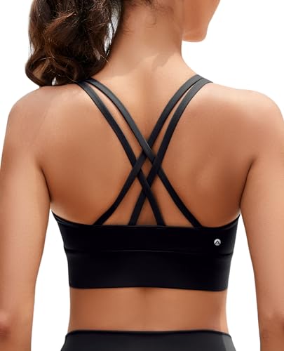 Strappy Sports Bra for Women Yoga Sports Bras Criss-Cross Back Workout Medium Support with Removable Cups