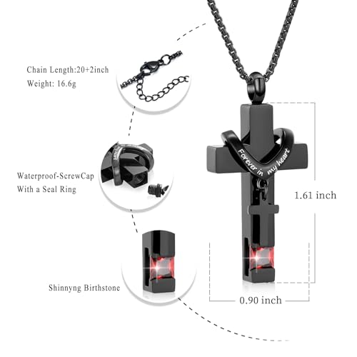 Black Cross Urn Necklace For Ashes Of Loved Ones With Birthstone Always In My Heart Cremation Jewelry Keepsake Pendant Women Men2