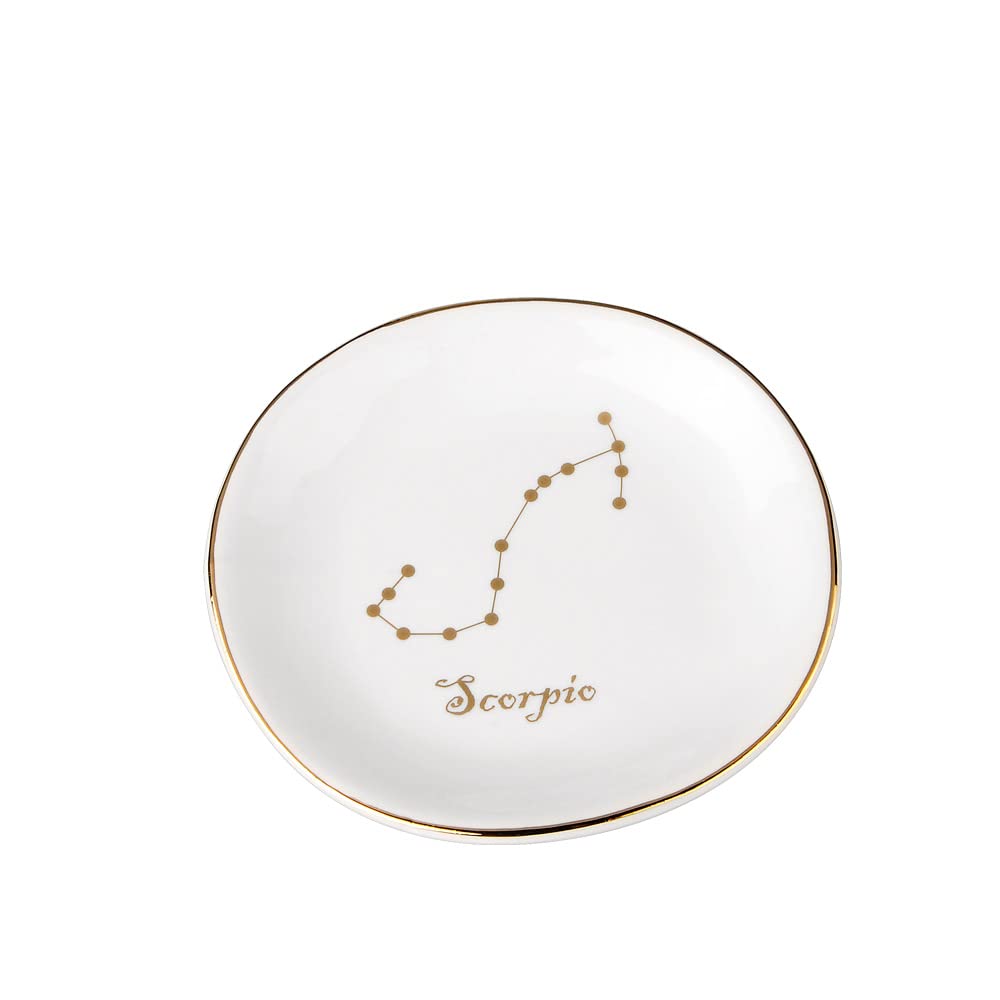 Scorpio Zodiac Ring Dish, 4" Astrology Sign Ring or Necklace Trinket Tray, Gifts for Women and Girls, Glazed Ceramic Constellation Jewelry Holder.