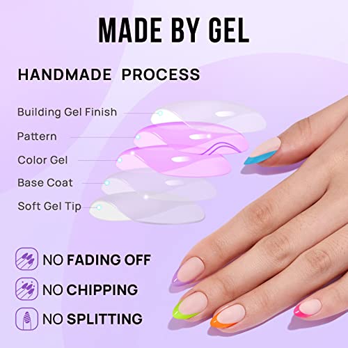 Press On Nails Short - Btartbox Soft Gel Press On Nails, Salon Like Fake Nails Short No Fade Out, Seamless Glue On Nails For Woman Nail Art Manicure, Neon Rainbow French & Cream Puff #TOP4