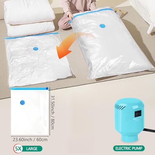 Image of Morecoo 5 Pack Vacuum Storage Bags with Electric Pump, Large Vacuum Seal Bags for Clothing, Comforters, Blankets - Space Saver Compression Bags for Travel & Home Organization