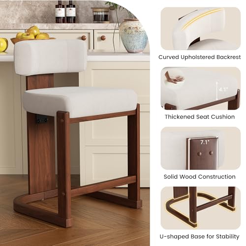 Image of Bar Stools Set of 2, Upholstered Counter Height Bar Stools, Mid Century Modern Counter Stools with Curved Backrest, Solid Wood Legs, 26 inch Bar Chairs for Kitchen Island Bar, Beige