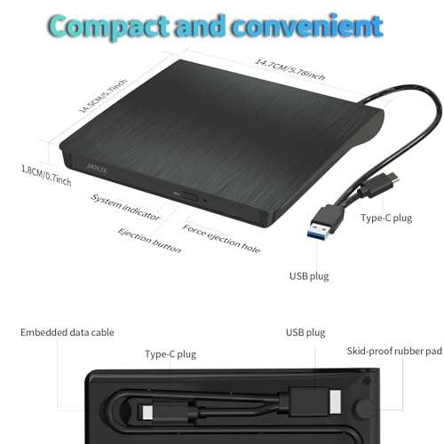 Image of External CD DVD Drive,USB 3.0 and Type-C CD DVD Disc Reader Writer Burner Player,Slim and Portable CD DVD + /-RW Optical Drive for PC Laptop Desktop MacBook Mac Windows 7 /8.1 /10 /11 Linux OS Apple