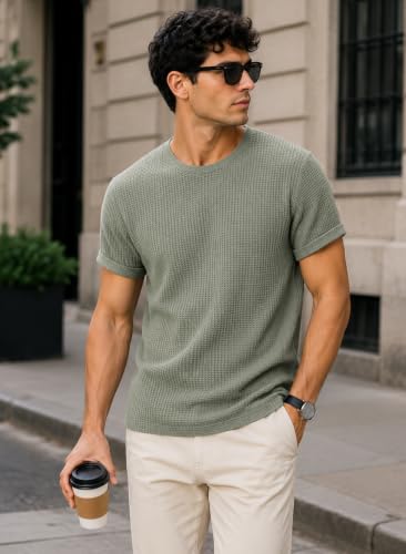 Image of London Hills Men's Waffle Textured T-Shirt | Solid Regular Fit Round Neck Half Sleeve Casual Wear Tee | Soft, Breathable & Lightweight Fabric