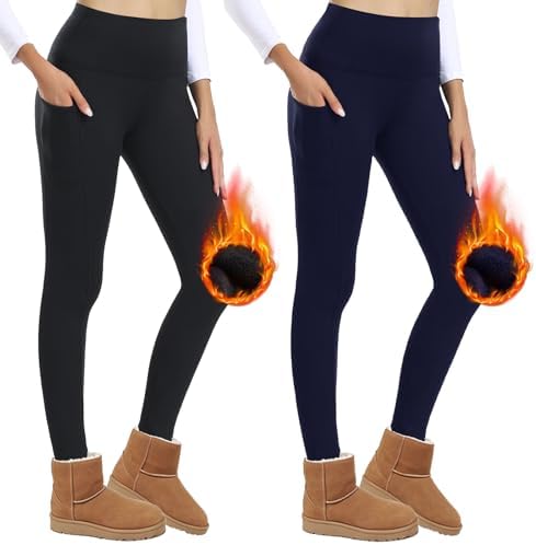 AMIYOYO Thermo Leggings Damen Winter High Waist mit Taschen (2er Pack) | Gefüttert mit weichem Fleece,Warme Thermohose,Blickdicht,Komfort-Stretch,Ideal für Laufen, Yoga & Alltag