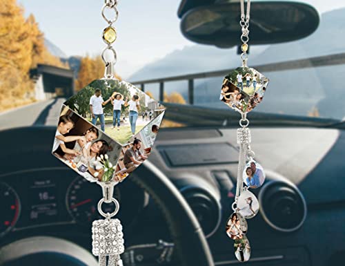 Personalized Photo Crystal Car Hanging Ornaments Interior Custom Car Accessories for Women Men Valentine's Day Gift for Her/Him Pendant Hanging Picture Frame for Car
