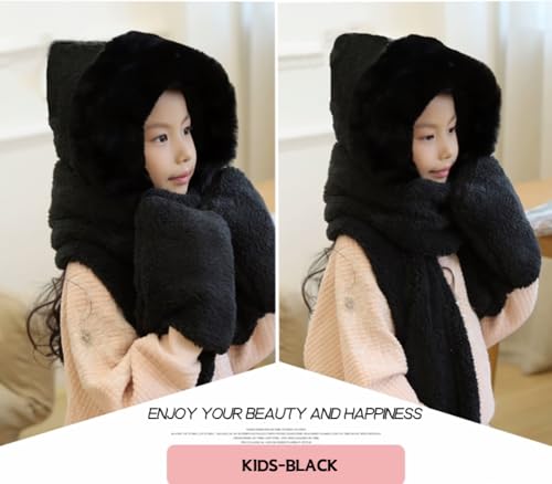 Kids Warm Hoodie Hat/Scarf/Gloves Set Soft Plush Thick Shu Velveteen Winter Hat for Girls Boys 4-10 Years Old3