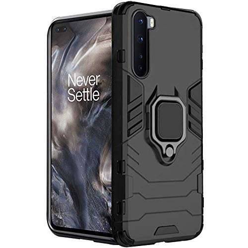 Image of WOW IMAGINE Shock Proof Back Cover Mobile Case for 1+ OnePlus Nord (Armor | Hybrid PC + TPU | Full Protection with Ring Holder and in- Built Kickstand | Carbon Black)