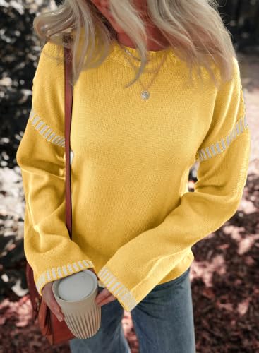 Image of Dokotoo Sweaters for Women Crewneck Long Sleeve Contrast Cable Knit Tops | Early Fall Fashion, Solid Loose Fit Pullover Sweaters, Oversized Stitching Fall Clothes Outfits, Winter Clothing for Women