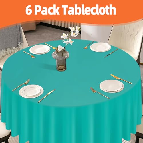 Image of Teal 6 Pack Plastic Table Cloth 84 inch, Disposable Round Tablecloth Table Cover, Plastic Tablecloths for Parties