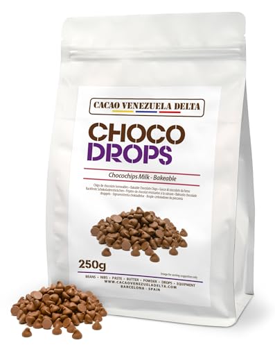 Cacao V Delta Pepitas de Chocolate con Leche 250g Para Repostería - Chips de Chocolate para Hornear y Topping - 27% de Cacao No GMO, Sin Gluten, Premium, Puro, Natural