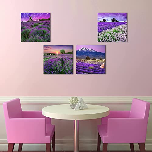 Purple Room Decor Lavender Flowers Canvas Wall Art For Living Room Decorations Purple Nature Landscape Painting Bathroom Pictures France Provence Fields Scenery Poster Bedroom Home Artwork 12X12" 4Pcs #TOP6