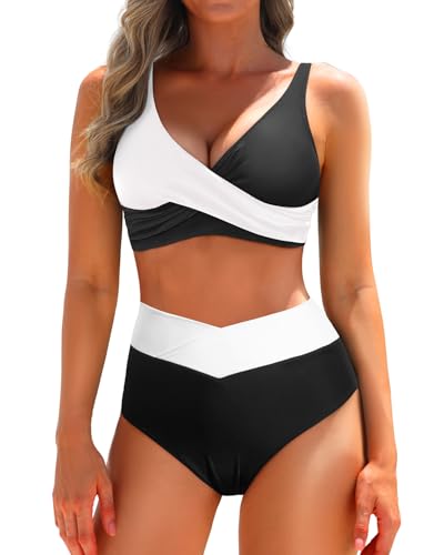 Image of Aqua Eve Women High Waisted Bikini Twist Front Swimsuits Lace up Bikini Tops Ruched Push up 2 Piece Bathing Suits