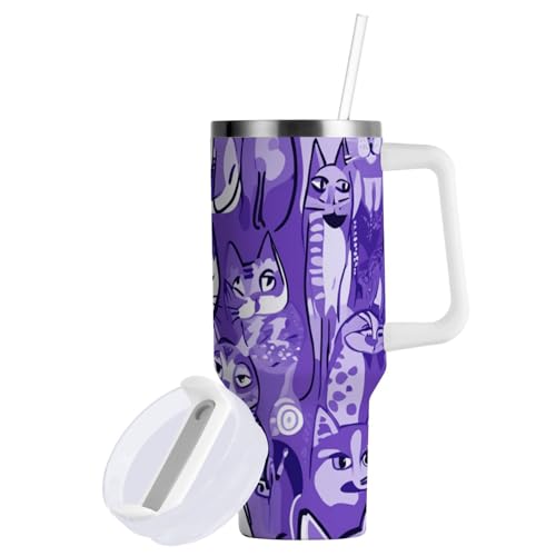 Vaso aislado al vacío de 40 onzas, tapa a prueba de fugas y pajilla, botella de agua con diseño de gatos dulces y divertidos, color morado, con correa, boca ancha, taza de café extragrande para casa,
