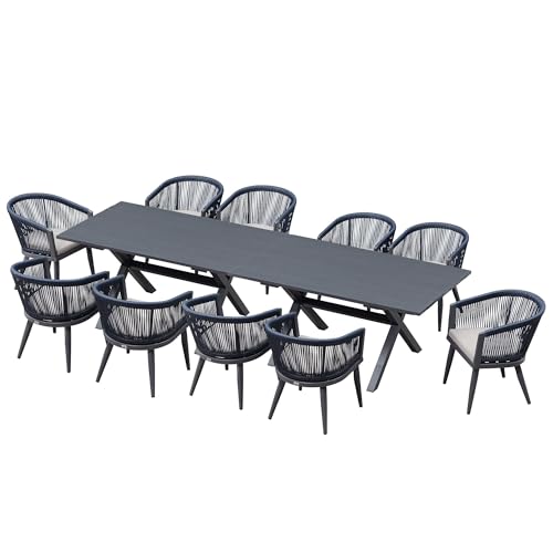 Image of PURPLE LEAF Outdoor Dining Set for 10 All-Weather 12 Pieces Patio Aluminium Dining Large Table and Rope Weave Chairs Included Cushions for Backyard Indoor Modern Patio Furniture Set Gray and Navy