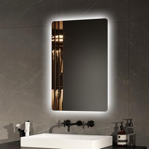 EMKE Miroir de Salle de Bain LED Rétro-éclairé 60 x 40 cm avec Interrupteur à Bouton, Anti-buée, Lumière Blanche Froide et Chaude