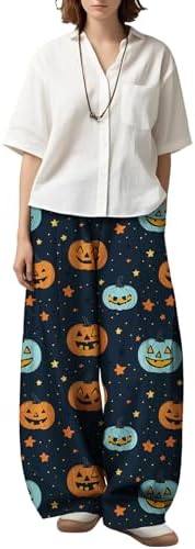 Women’s Wide Leg Pants with Purple Pumpkin Print High Waist Loose Fit Palazzo Trousers Artistic Vintage Fall Halloween Casual Lounge Wear with Pockets for Autumn Parties and Everyday Comfort