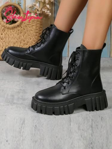 Image of Shoetopia Women's Combat Boots - Chunky Platform Lace-Up || Ankle Boots with Lug Sole Leather Fashion Boots for Fall & Winter