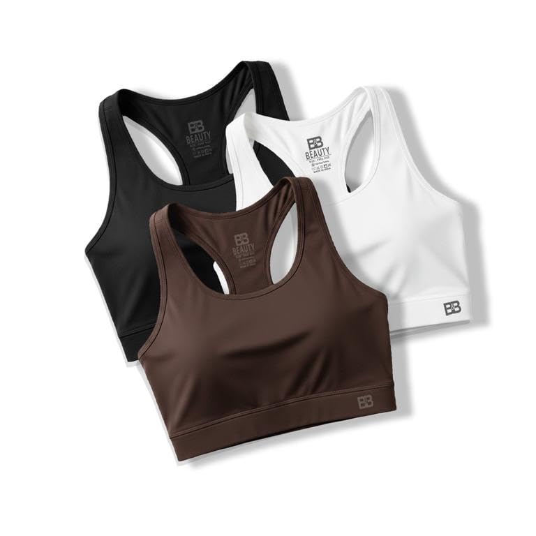 Image of BOLD & BEAUTY Women Cotton Blend Sports Bra with U-Neck, Racerback Style and Regular Straps for Workout, Yoga & Training (Pack of 3)