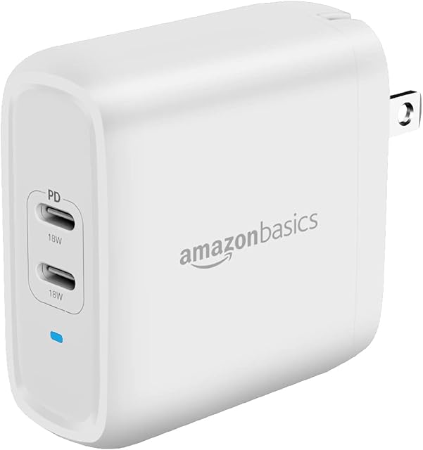 Amazon Basics 36W Two-Port USB-C Wall Charger With Power Delivery PD For Tablets & Phones (iPhone 14/13/12/11/X,iPad,Samsung), White (non-PPS), 2.34 in x 1.09 in x 2.21 in