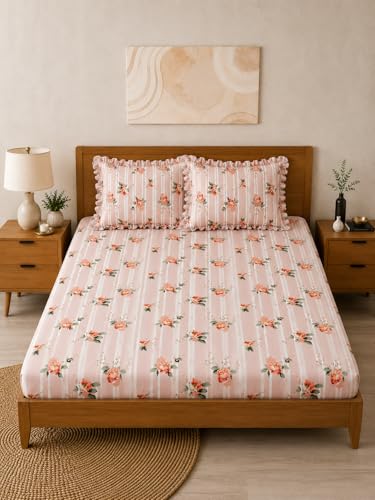Image of King Size Fitted Bedsheet with 2 Pillow Covers (PinkRoseFrill, Double Size-72x72)