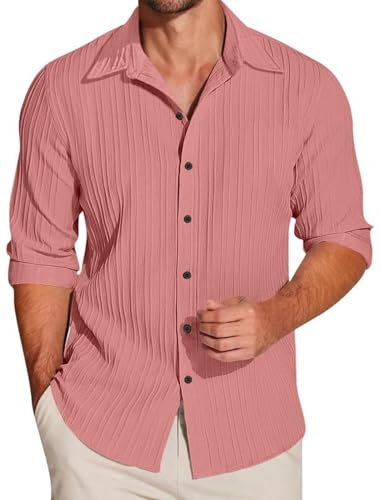 Image of Macsivo Men's Popcorn Shirt with Spread Collared Long Sleeve Button Down Closure Curved Hem Length | Linen Shirt for Man