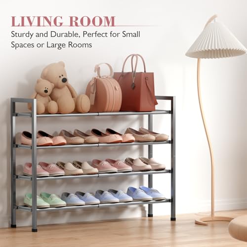 Image of Bumusty 4-Tier Expandable Shoe Rack for Closet, 18 inch-33 inch Adjustable Shoe Rack for Small Space, Small Shoe Organizer for Front Door, Sturdy Metal, Gray
