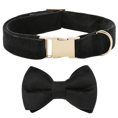 Voarge Hundehalsband,Hundehalsband aus Samt mit Fliege,Mit Abnehmbarer Hunde Fliege, weiche verstellbares Haustierhalsband,für Hochzeiten, Geburtstage, Partys usw (Schwarz, L)