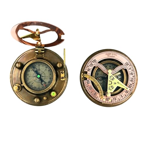 Brújula de latón antigua con reloj solar 4 pulgadas miniatura 2