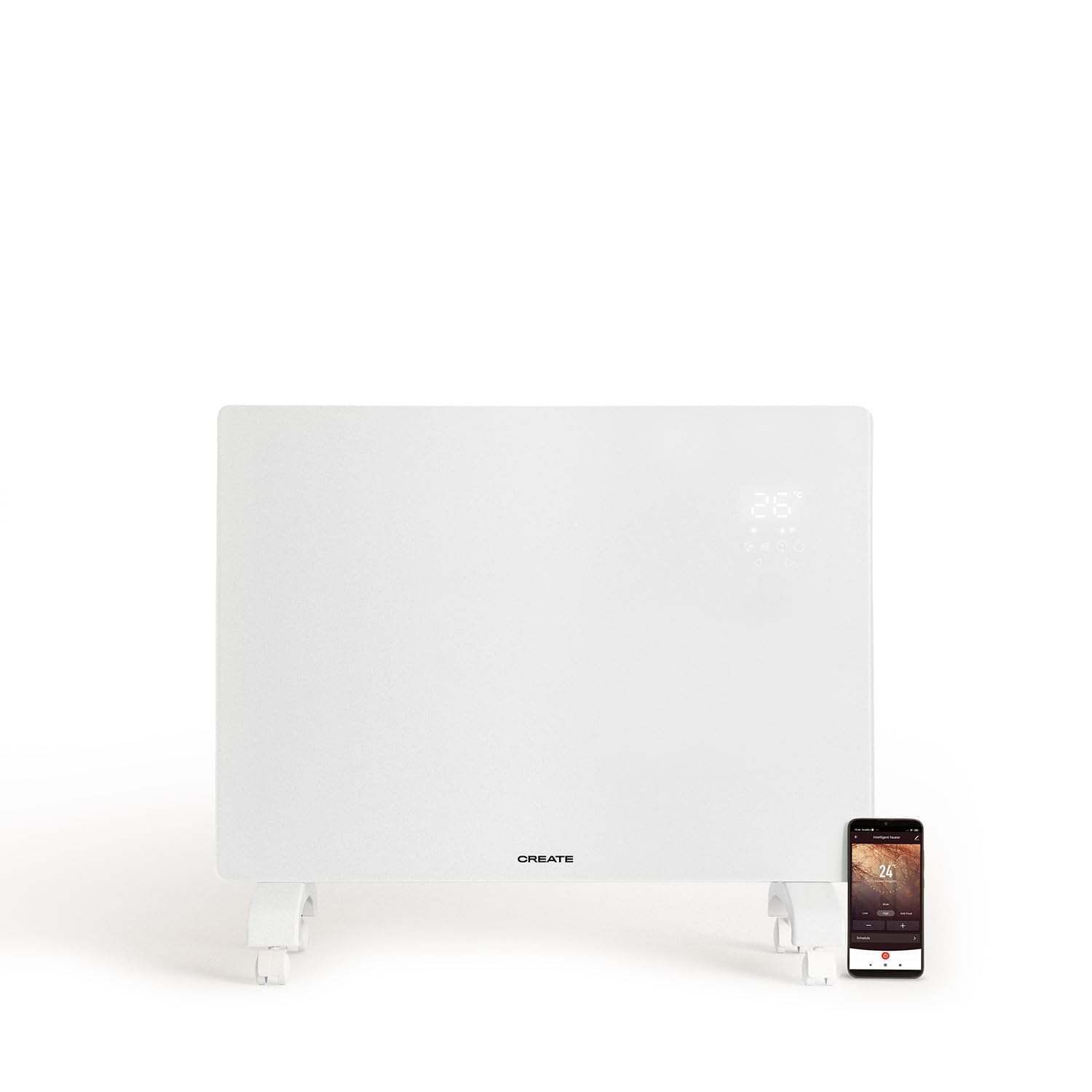 CREATE/WARM CRYSTAL 1500W / Convector eléctrico de cristal con wifi y ruedas blanco/App. sensores de precisión. temporizador. bajo consumo. instalación en pared o suelo. pantalla LED. 1500W