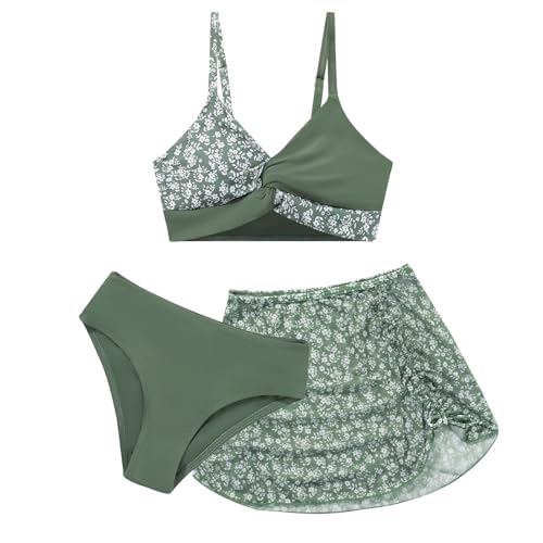 Weixinbuy Girls Swimsuit 3 Piece Tropical Floral Twist Cross Bathing Suit Bikini Sets with Cover Up Skirt Swimwear Size 9-16