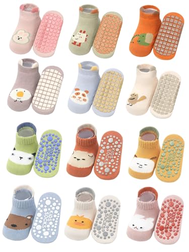 NEMOGLOBAL Toddler Baby Non-Skid Ankle Socks with Grips Girls Boys Anti-Slip Floor Socks for Infants 12 Pairs (US, Age, 3 Years, 5 Years, Style2)