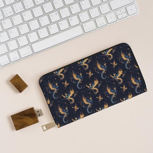 Leather Thin Slim Wallets for Women Men - Fashion Starry Sky Golden Phoenix Print Card Wallet Holder with Zipper4