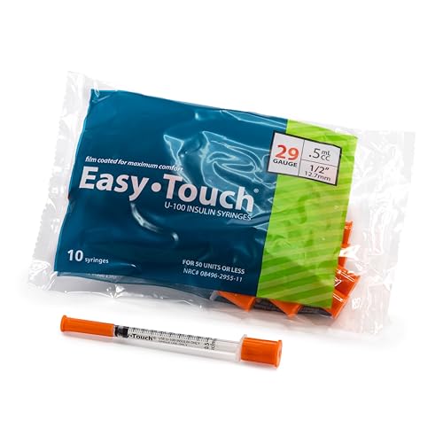 Image of Easy Touch 29 Gauge U-100 Insulin Syringes (29G 0.5cc 1 /2 inch) with 1 /2 inch Long Needle, 0.5cc (50 Unit Capacity), Bold Markings for Accurate Dosing, Disposable, Box of 100
