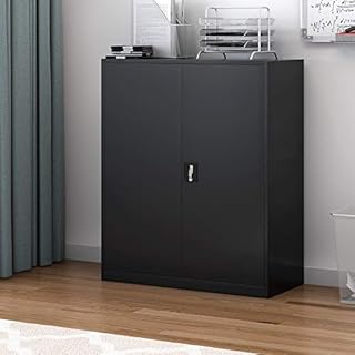 Black Steel Storage Cupboard 2 Door Tall Lockable Bookcase Filing Cabinet Unit -900mm,Heavy Duty 2 Shelves(3 Layer)