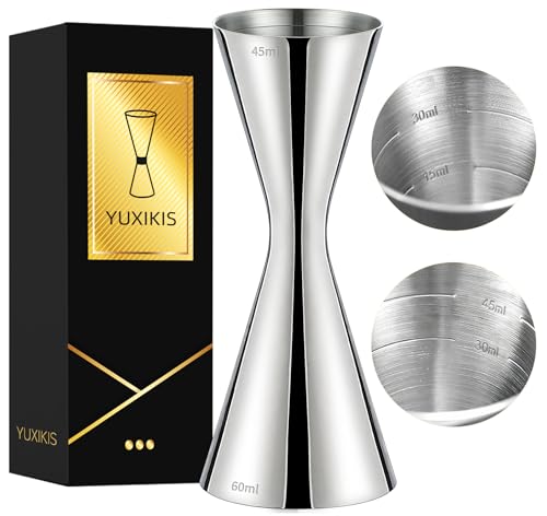 YUXIKIS メジャーカップ 45/60ml、計量カップ、ジガーカップ、目盛り付きカクテル量杯、ウイスキー 計量、一体型 304ステンレス鋼、バーテンダーおすすめ、カクテルレシピ付き