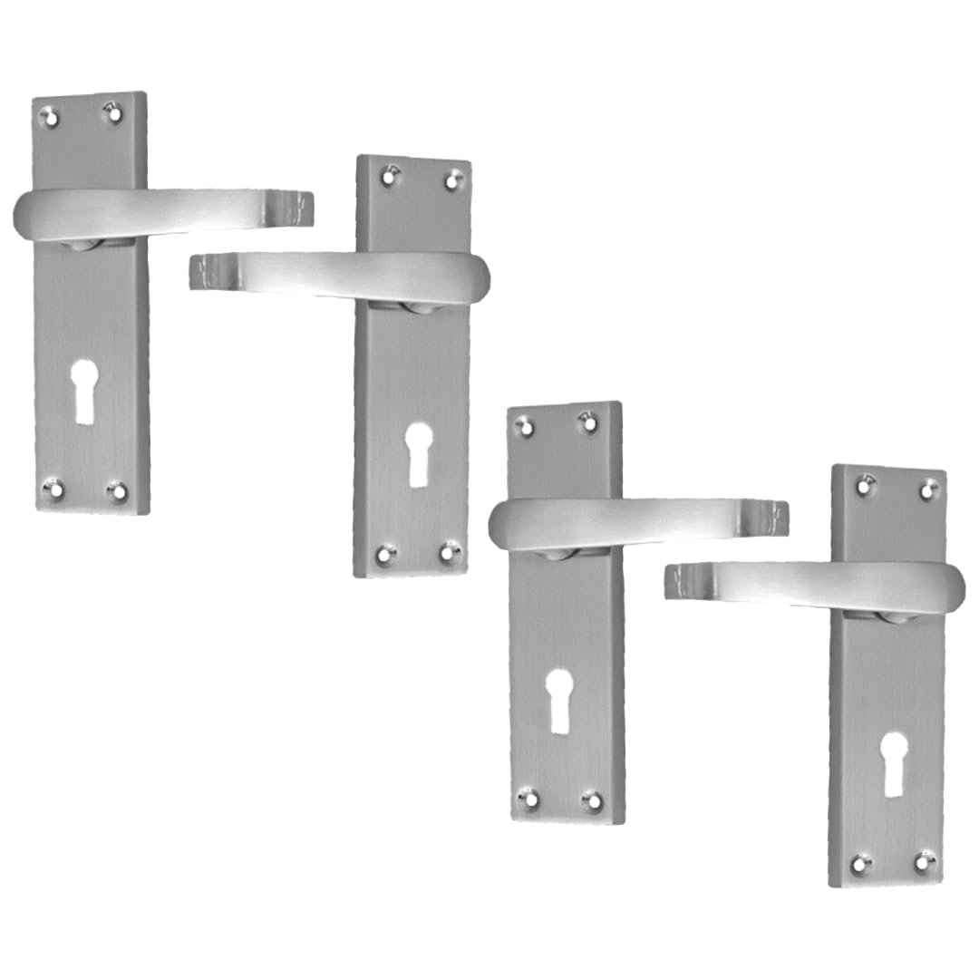 Epsom Door Handle Victorian Straight Satin Nickel Lever Lock Set – Backplate Design 150mm x 42mm – Supplied with 3-Lever Mortice Sash Mechanism – 2 Pairs