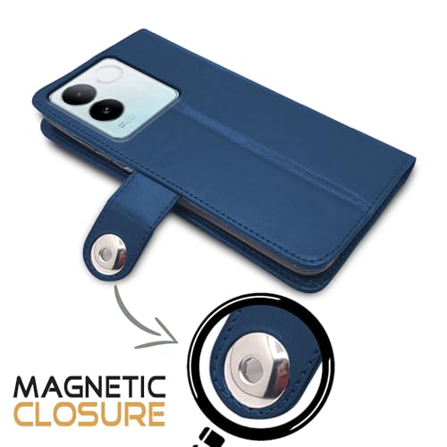 Image of Pikkme Vivo T2 pro 5G Flip Cover Leather Finish | Inside TPU with Card Pockets | Wallet Stand and Shock Proof | Complete Protection Button Flip Case (Blue)