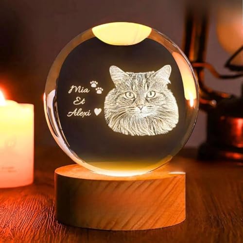 Bola de cristal 3D personalizada para mascotas con base de luz LED, luz nocturna, lámpara de regalo para bodas, parejas, padres y fotos de mascotas
