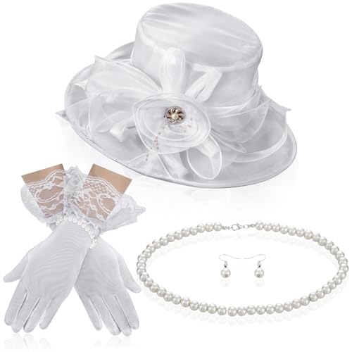 Aurelema 5 Pcs Derby Fascinator Hat Gloves Set for Women Tea Party with Pearl Necklace Bracelet and Earring(White Lace)