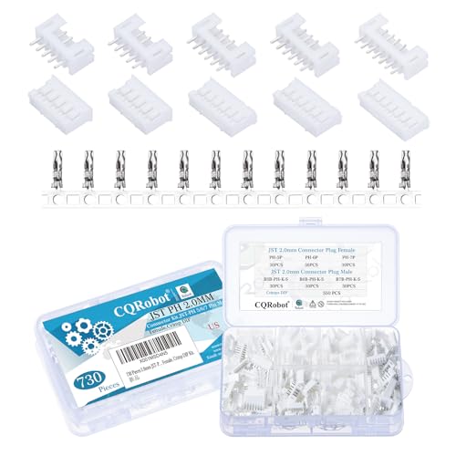 CQRobot JST PH 2.0 mm Pitch 5-Pin/6-Pin/7-Pin Electronic Connector IC Male Plugs, Female Sockets Housing and T-Shaped Crimp Terminal Kit. 90 Sets/730 Pieces Wire-to-Board Adapter Cable Assembly.