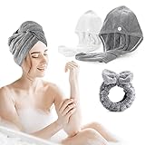 3 Stück Mikrofaser Turban, Haarturban, haarturban mikrofaser, Turban Handtuch mit Knopf, Super saugfähiges Kopftuch, Trockenhaartuch für alle Haartypen, 2 + 1-Stirnband-Set